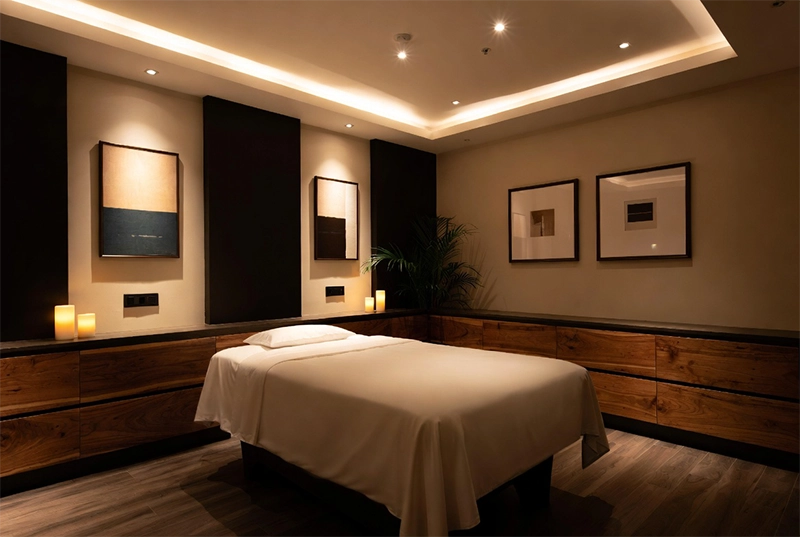 Elegant hotel treatment room with cove lighting and white-linen massage table
